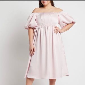 Eloquii off shoulder satin dress with puff sleeve